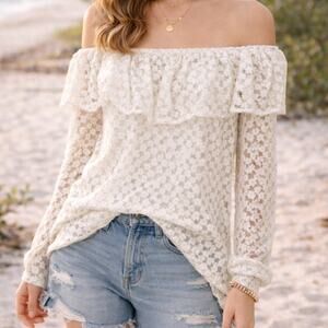 Jill Stuart Off Shoulder Lace Top size XS White Floral 3/4 Sleeve Pullover